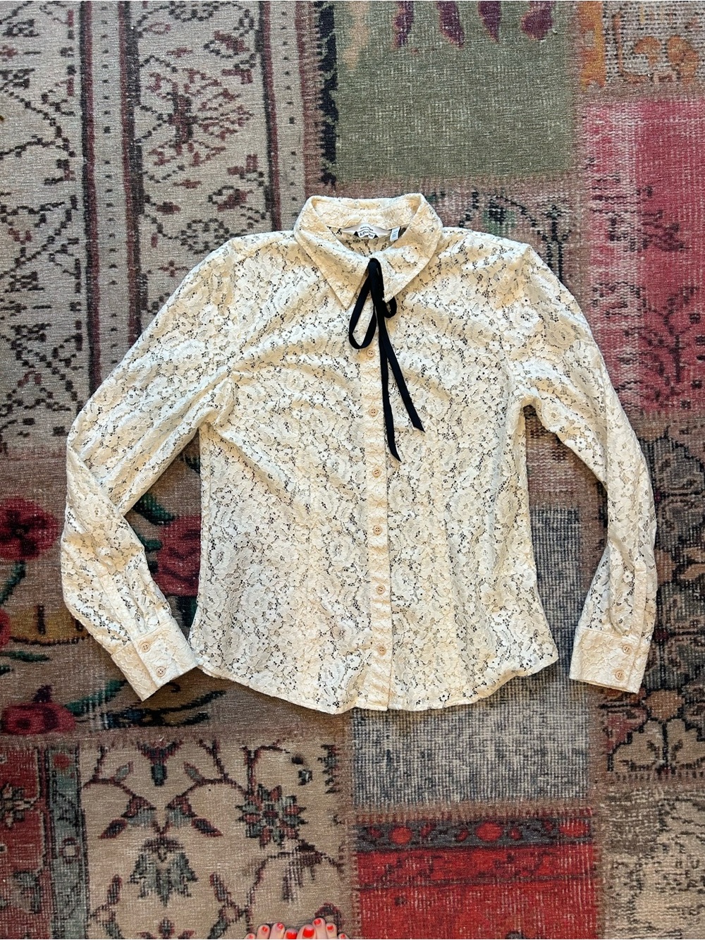 & Other Stories Lace Button-Down Shirt with Neck Tie - Cream